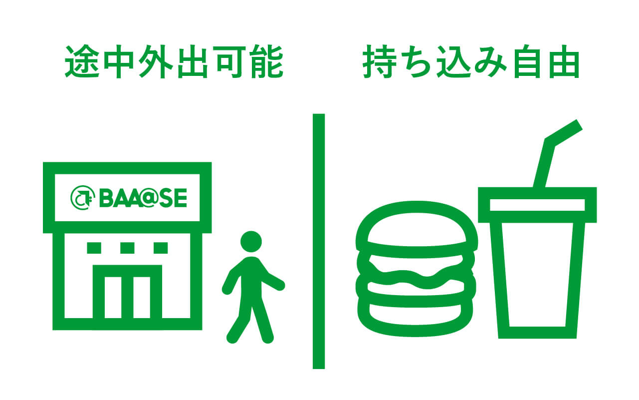 持ち込み自由　途中外出可能